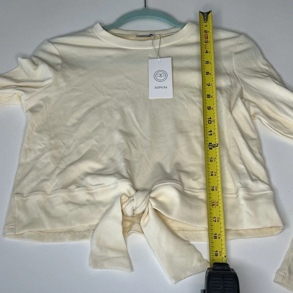 AliPicks Girls  Ivory Ribbed Knit Cotton Tie Front Long Sleeve T-Shirt Size‎ L
